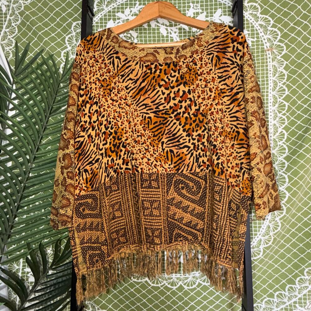 SPA Mixed Animal Print Fringed Poncho Top